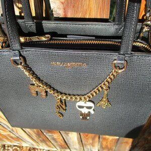 NWT Karl Lagerfeld Paris Black Handbag, Crossbody Strap Gold Chain with 4 Charms